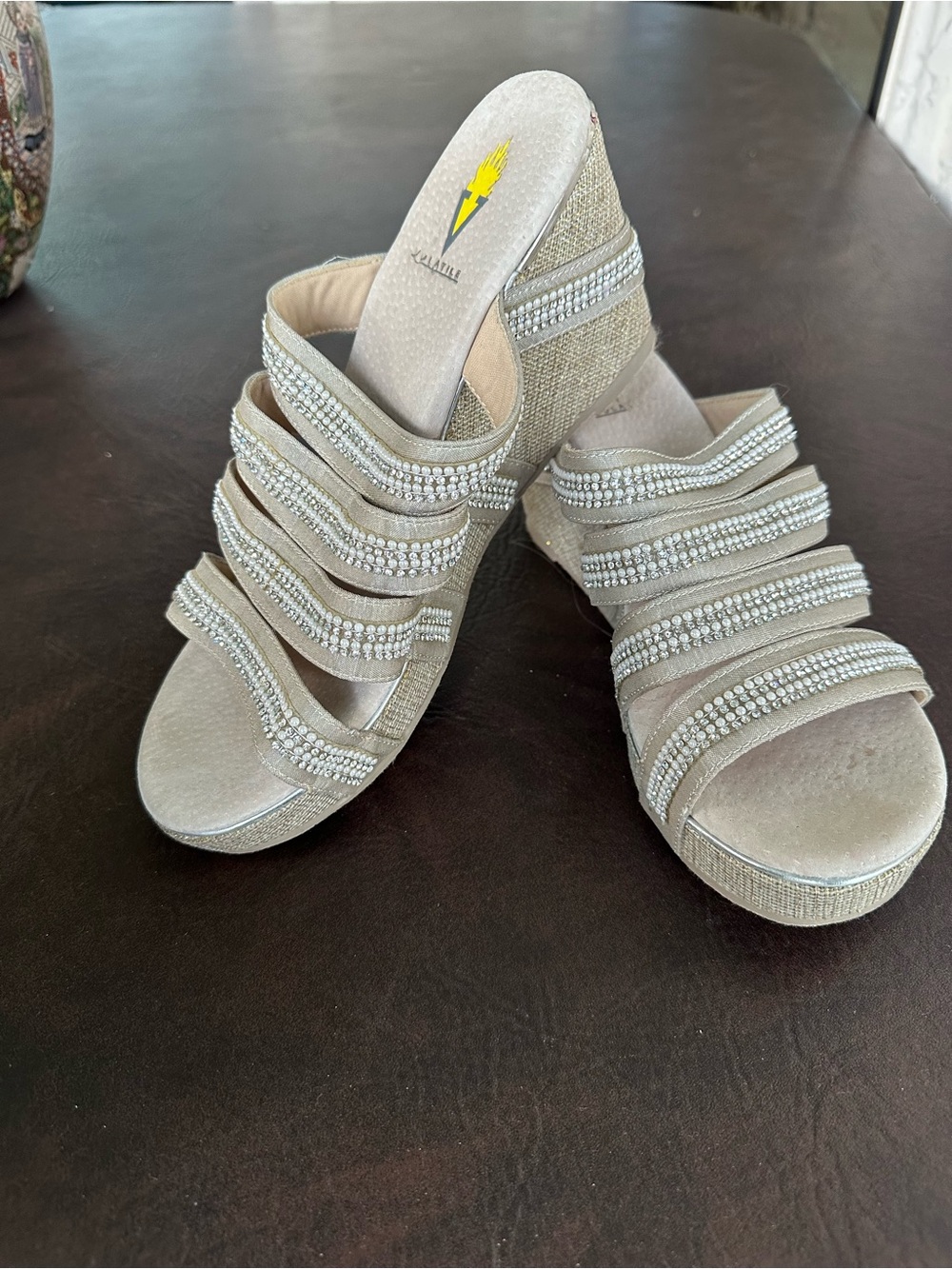 Volatile Taupe Rhinestone Multi-Strap Wedge Sandals